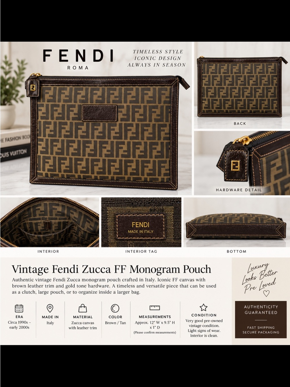 Fendi Zucca Monogram Toiletry Pouch in Brown and Tan with Gold Hardware